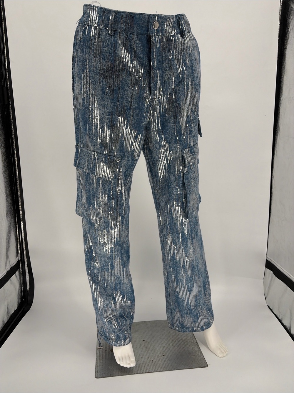 Fashion Nova Blue Sequin Wide-Leg Cargo Jeans